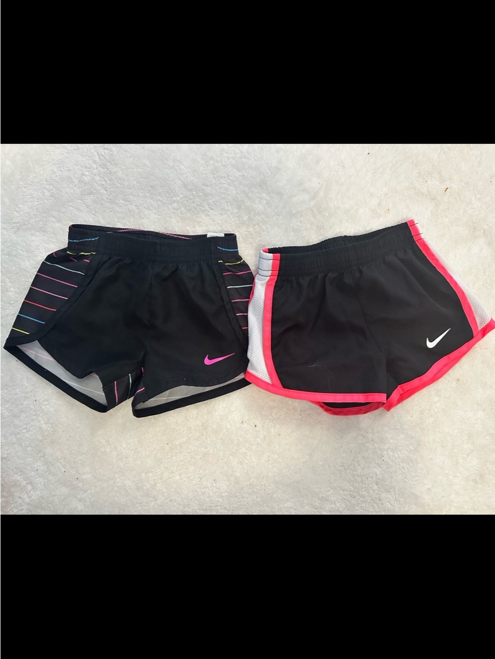 Nike Women's Black Athletic Shorts with Pink Trim and Multicolor Stripe Pair